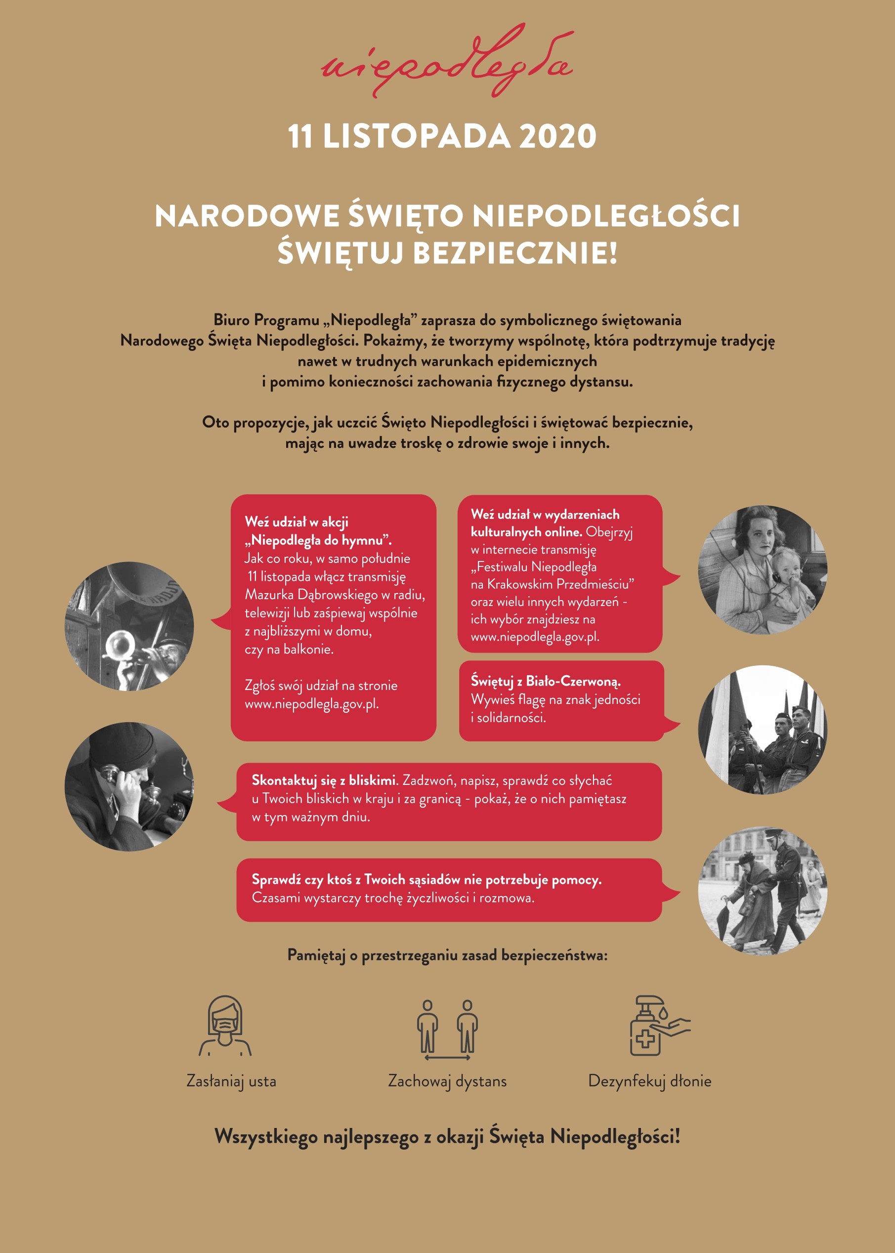 Plakat zachęcający do obchodzenia Narodowego Święta Niepodległości bezpiecznie i zgodnie z wymogami stanu epidemicznego