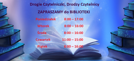 Godziny pracy Biblioteki w Staszowie w czasie epidemii:  Poniedziałek: 8:00 – 17:00 Wtorek: 8:00 – 16:00 Środa: 8:00 – 16:00 Czwartek: 11:00 – 15:00 Piątek: 8:00 – 16:00   Zaznaczamy, że nadal działamy w ograniczonym zakresie i z zachowaniem odpowiednich środków bezpieczeństwa. Każda osoba przychodząca do biblioteki zobowiązana jest do zdezynfekowania rąk, noszenia maseczki i zachowania bezpiecznego odstępu. Serdecznie zapraszamy.