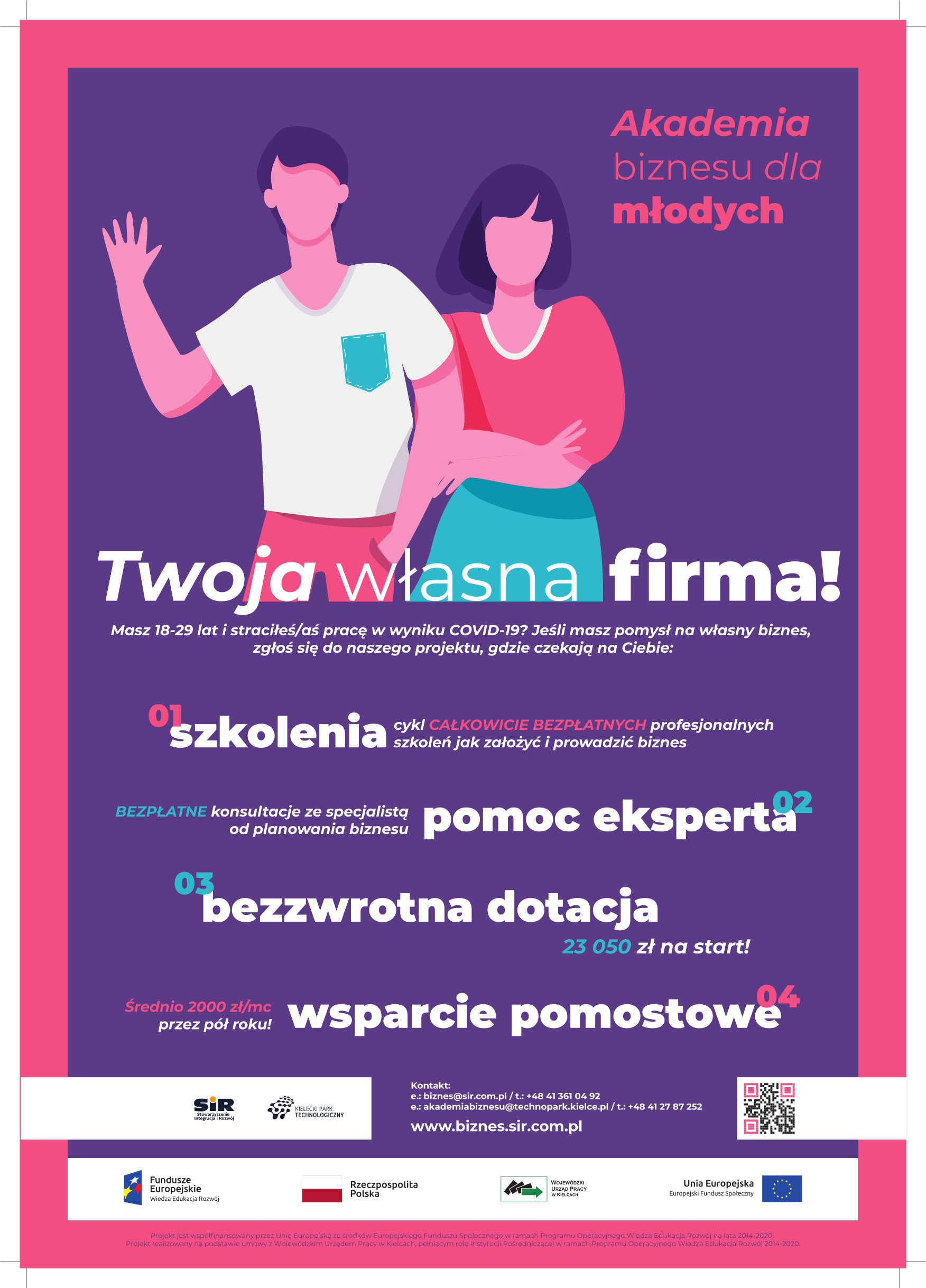 Plakat: 35.000 zł wsparcia mogą otrzymać młodzi bezrobotni z województwa świętokrzyskiego, którzy zgłoszą się do projektu Akademia Biznesu dla Młodych realizowanego przez Stowarzyszenie Integracja i Rozwój we współpracy z Kieleckim Parkiem Technologicznym. Do tego przejdą szkolenia z prowadzenia biznesu. 