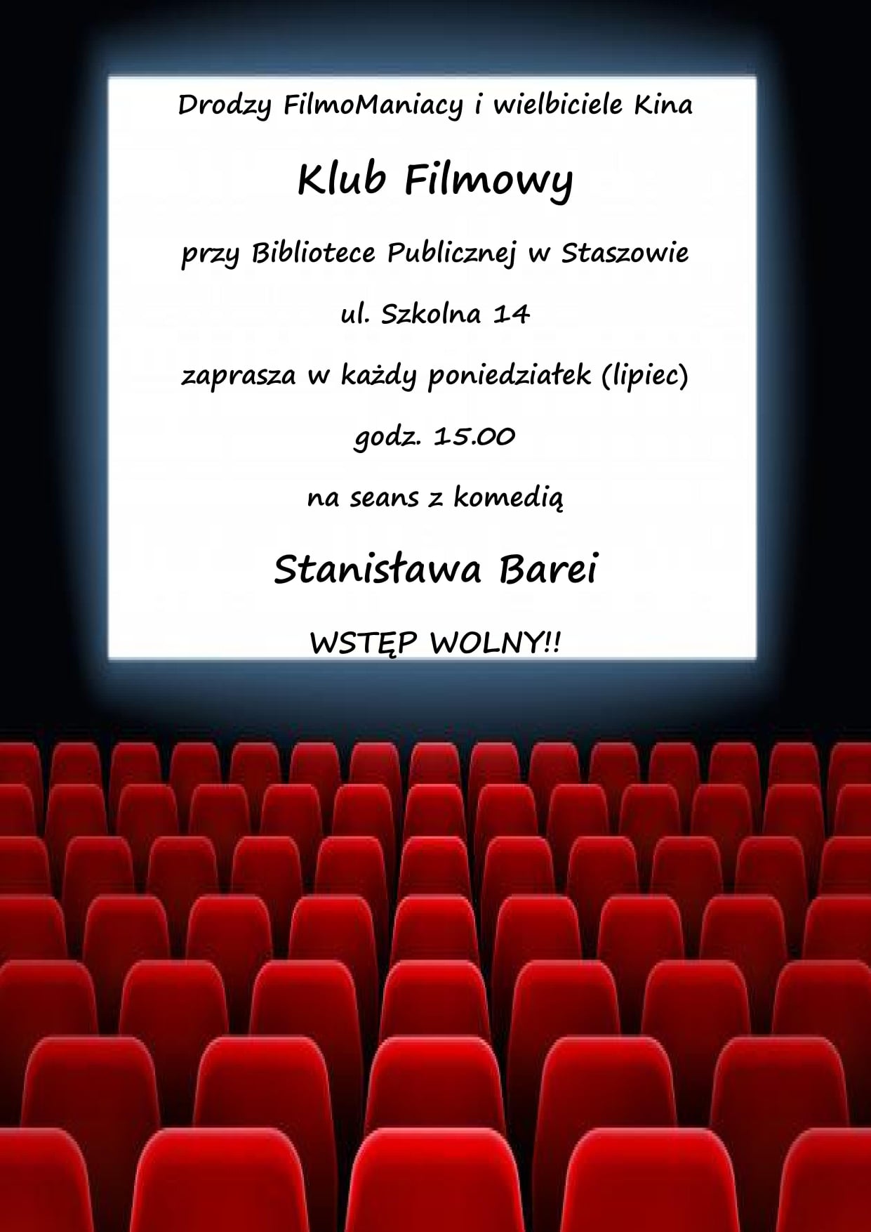 Drodzy FilmoManiacy i wielbiciele kina  Klub Filmowy przy Bibliotece Publicznej w Staszowie zaprasza w każdy poniedziałek (lipiec) o godz. 15:00 na seans z komedią Stanisława Barei.  Wstęp wolny!