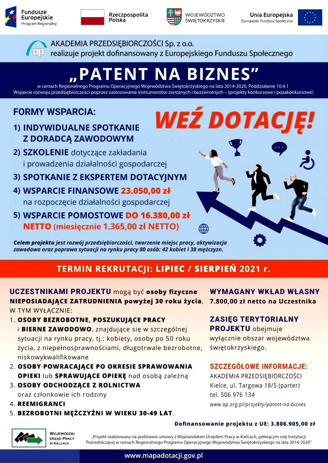 Plakat: Celem głównym projektu jest rozwój przedsiębiorczości, tworzenie miejsc pracy, aktywizacja zawodowa oraz poprawa sytuacji na rynku pracy 80 osób: 42 kobiet i 38 mężczyzn, które w dniu rozpoczęcia udziału w projekcie mają ukończony 30 rok życia, nie posiadają zatrudnienia – są bezrobotni, poszukujący pracy, bierni zawodowo, uczą się lub zamieszkują na terenie województwa świętokrzyskiego.  W ramach projektu oferujemy Uczestnikom wsparcie obejmujące:  INDYWIDUALNE SPOTKANIE Z DORADCĄ ZAWODOWYM SZKOLENIE dotyczące zakładania i prowadzenia działalności gospodarczej SPOTKANIE Z EKSPERTEM DOTACYJNYM ​WSPARCIE FINANSOWE 23.050,00 zł na rozpoczęcie działalności gospodarczej. WSPARCIE POMOSTOWE DO 16.380,00 zł NETTO (miesięcznie 1.365,00 zł NETTO)