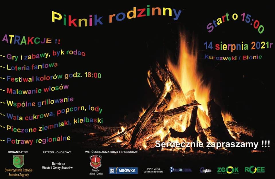 Plakat: Piknik rodzinny, 14 sierpnia (sobota), godz. 15:00, Kurozwęki/Błonie  Atrakcje: - gry i zabawy, byk rodeo, - loteria fantowa, - festiwal kolorów, godz. 18:00, - malowanie włosów, -wspólne grillowanie, - wata cukrowa, popcorn, lody, - pieczone ziemniaki, kiełbaski, - potrawy regionalne.