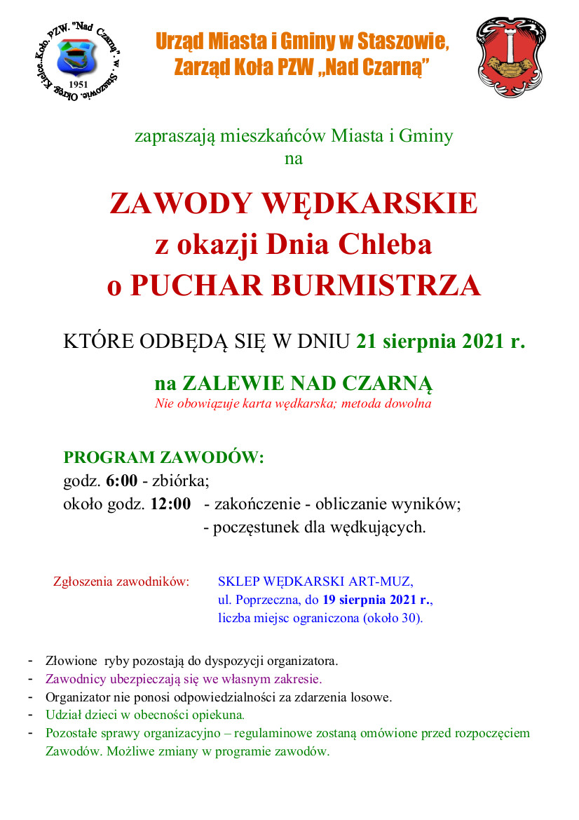 Zawody Wędkarskie z okazji Dnia Chleba o Puchar Burmistrza 21 sierpnia, , Park Rekreacyjno-Sportowy „Zalew nad Czarną