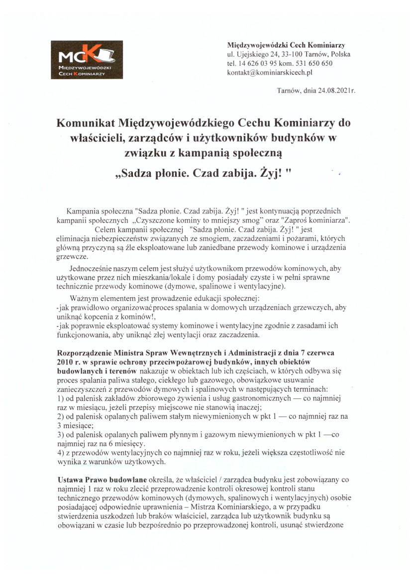 Komunikat Międzywojewódzkiego Cechu Kominiarzy do właścicieli, zarządców i użytkowników budynków w związku z kampanią społeczną „Sadza płonie. Czad zabija. Żyj”. 