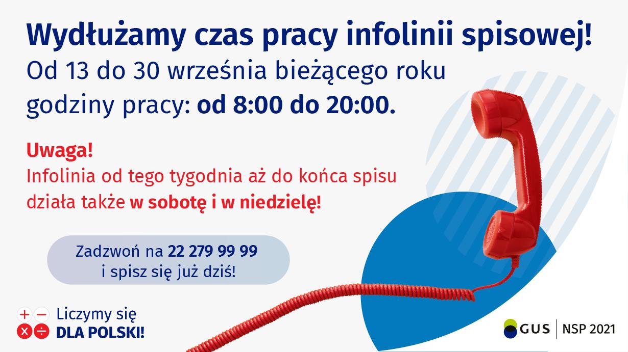 Plakat: Od 13 do 30 września bieżącego roku wydłużono  godziny pracy infolinii spisowej (8:00 - 20:00). Od tego tygodnia aż do końca spisu infolinia działa również w sobotę i niedzielę.