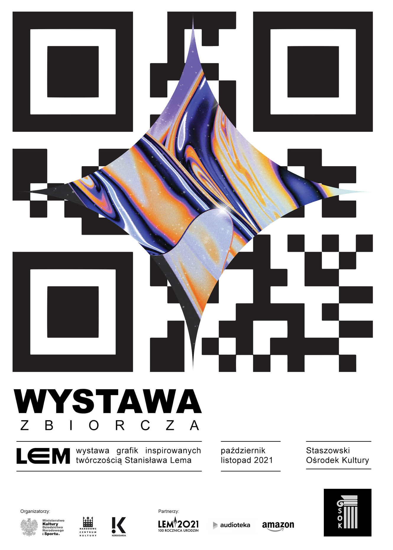 Plakat: Staszowski Ośrodek Kultury oraz Narodowe Centrum Kultury zapraszają do udziału w projekcie pt. LEM. W październiku i listopadzie zaprezentowana zostanie wystawa planszowa promującą dzieła Mistrza poprzez prace współczesnych artystów, którzy specjalnie dla potrzeb tego projektu zinterpretowali plastycznie dziesięć książek Lema.