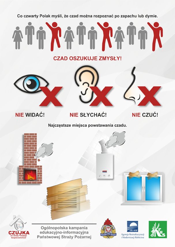 Plakat informacyjny: W okresie jesienno-zimowym, w naszym kraju w mieszkaniach i domach jednorodzinnych wzrasta ryzyko powstania pożarów. Najczęściej dochodzi do nich w wyniku wad, albo niewłaściwej eksploatacji urządzeń grzewczych, elektrycznych i gazowych. W tym samym okresie odnotowywany jest także wzrost liczby zatruć tlenkiem węgla, zwanym 