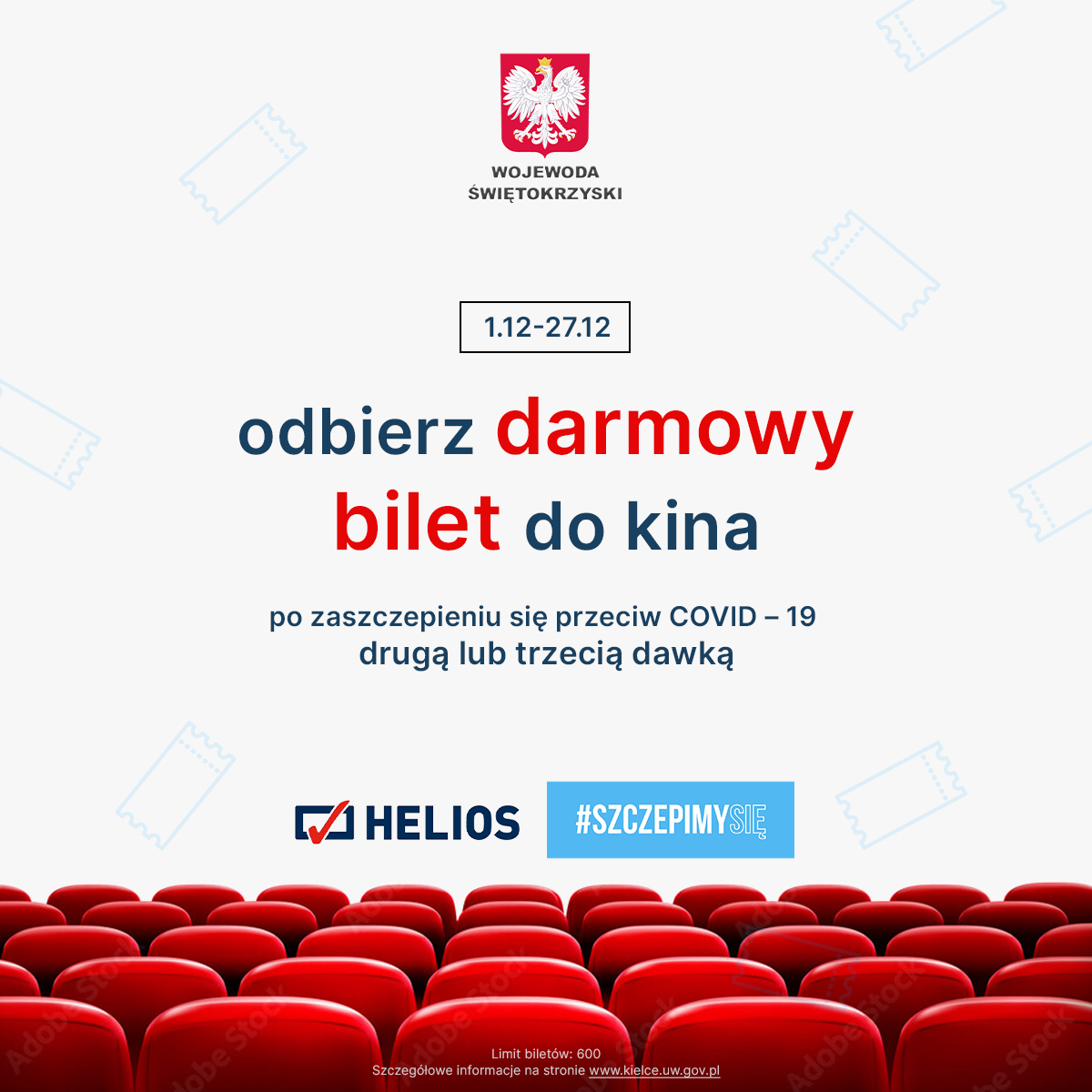 Plakat informacyjny: Odbierz darmowy bilet do kina po zaszczepieniu się przeciw COVID-19 drugą lub trzecią dawką.