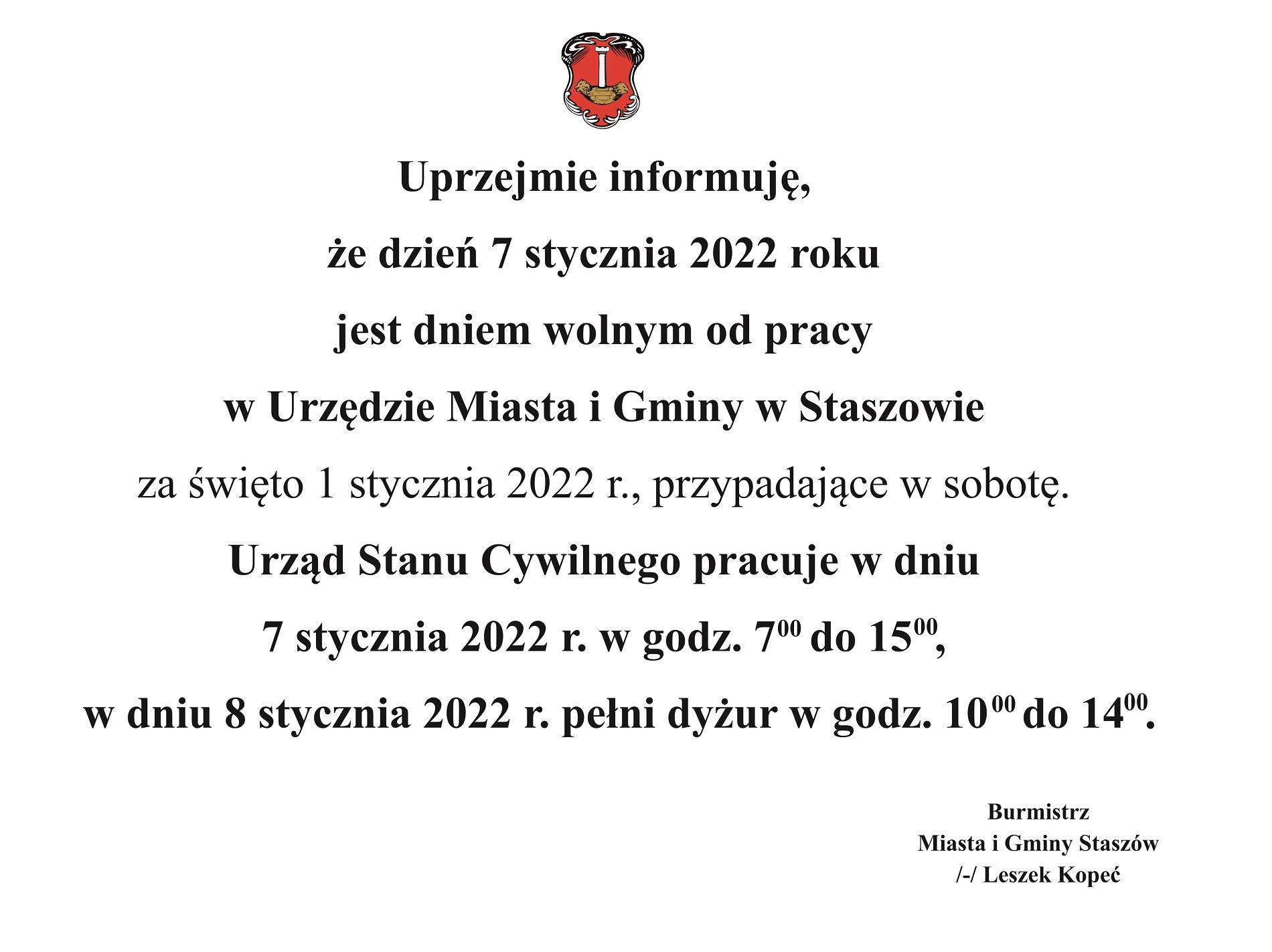 Ogłoszenie o dniu wolnym od pracy UMiG 