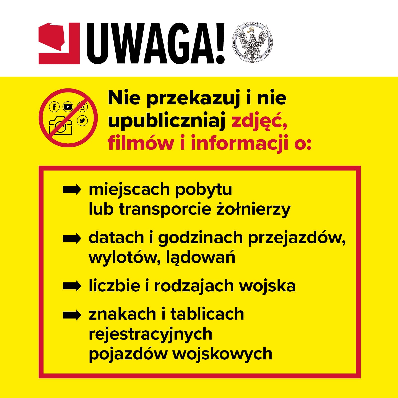 Plakat informacyjny: Ministerstwo Obrony Narodowej apeluje: nie publikujmy materiałów wojskowych w Internecie