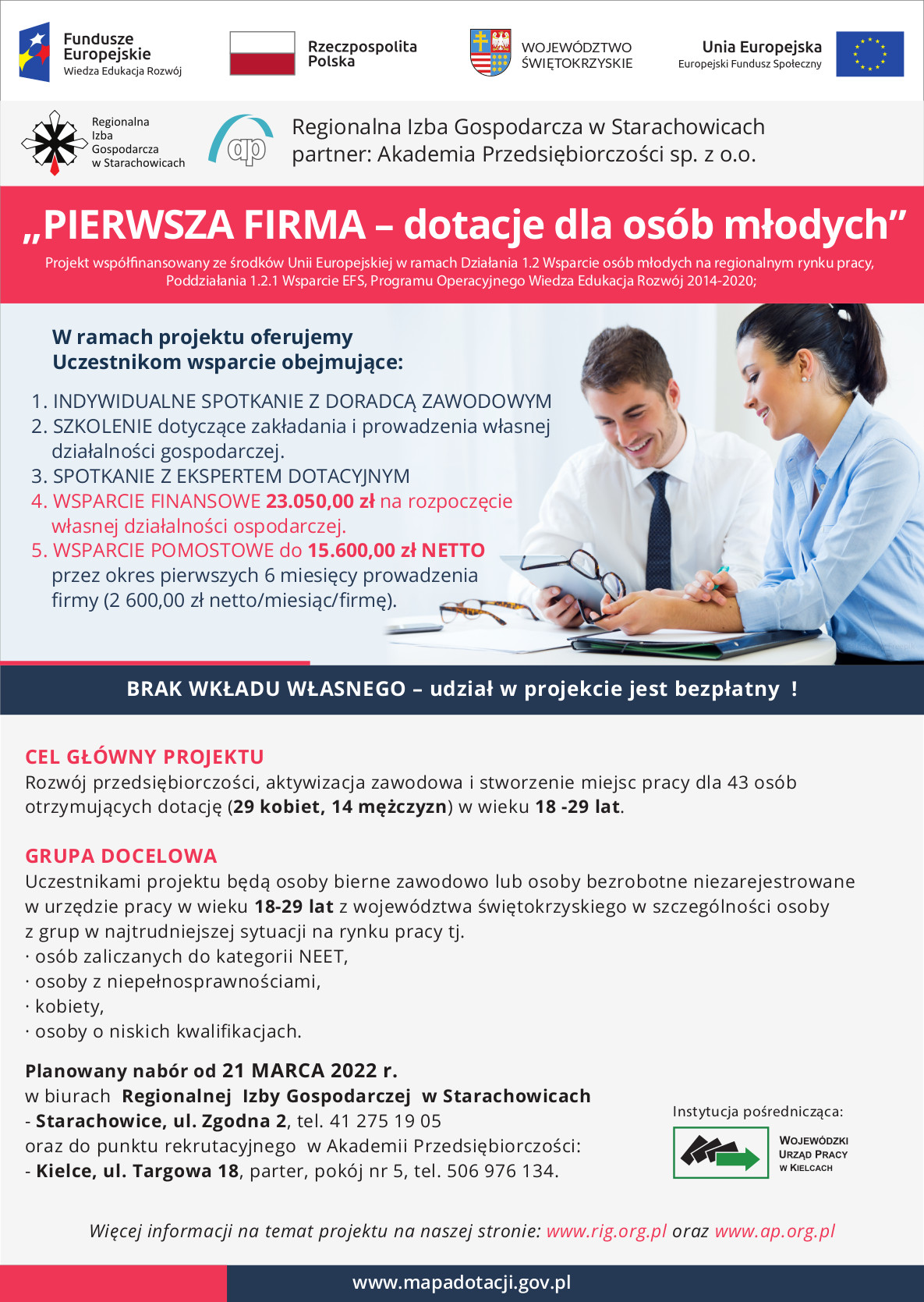 Więcej informacji: „PIERWSZA FIRMA – dotacje dla osób młodych”  Dotacja 23 050,00 zł Wsparcie pomostowe: 15 600,00 zł (6 miesięcy po 2 600,00 zł NETTO  Szczegóły na: www.rip.org.pl oraz www.ap.org.pl