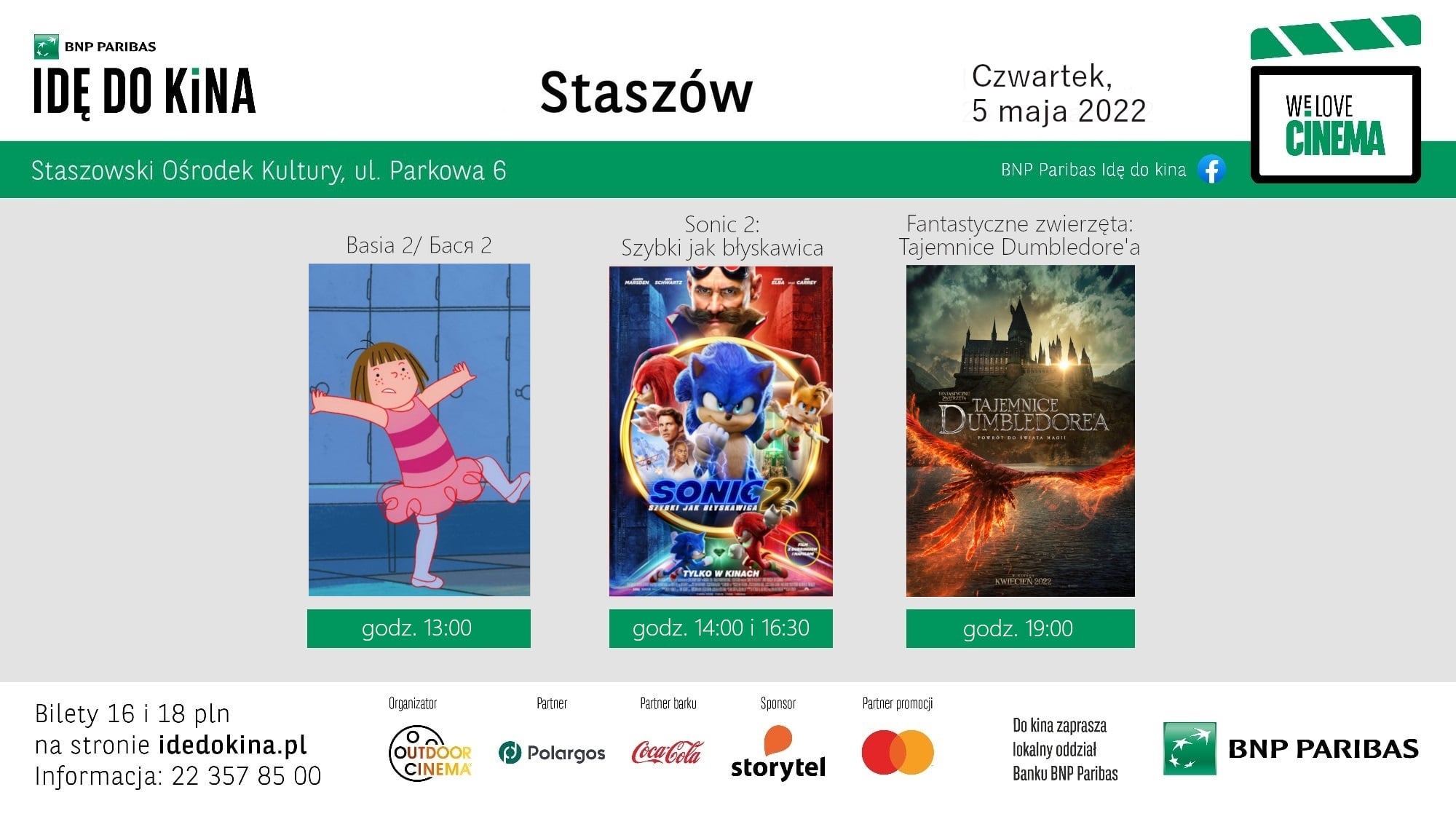 Plakat informacyjny: 5 maja, Staszowski Ośrodek Kultury  Repertuar:  Godz. 13.00 - „Basia 2/ Бася 2” – kontynuacja przygód rezolutnej 5-latki znanej fanom książek Zofii Staneckiej i Marianny Oklejak. Wyjątkowa animacja skierowana do najmłodszych widzów. Aby wejść na seans, należy pobrać bezpłatny bilet w kasie kina.  Godz. 14.00 i 16.30 - „Sonic 2: Szybki jak błyskawica