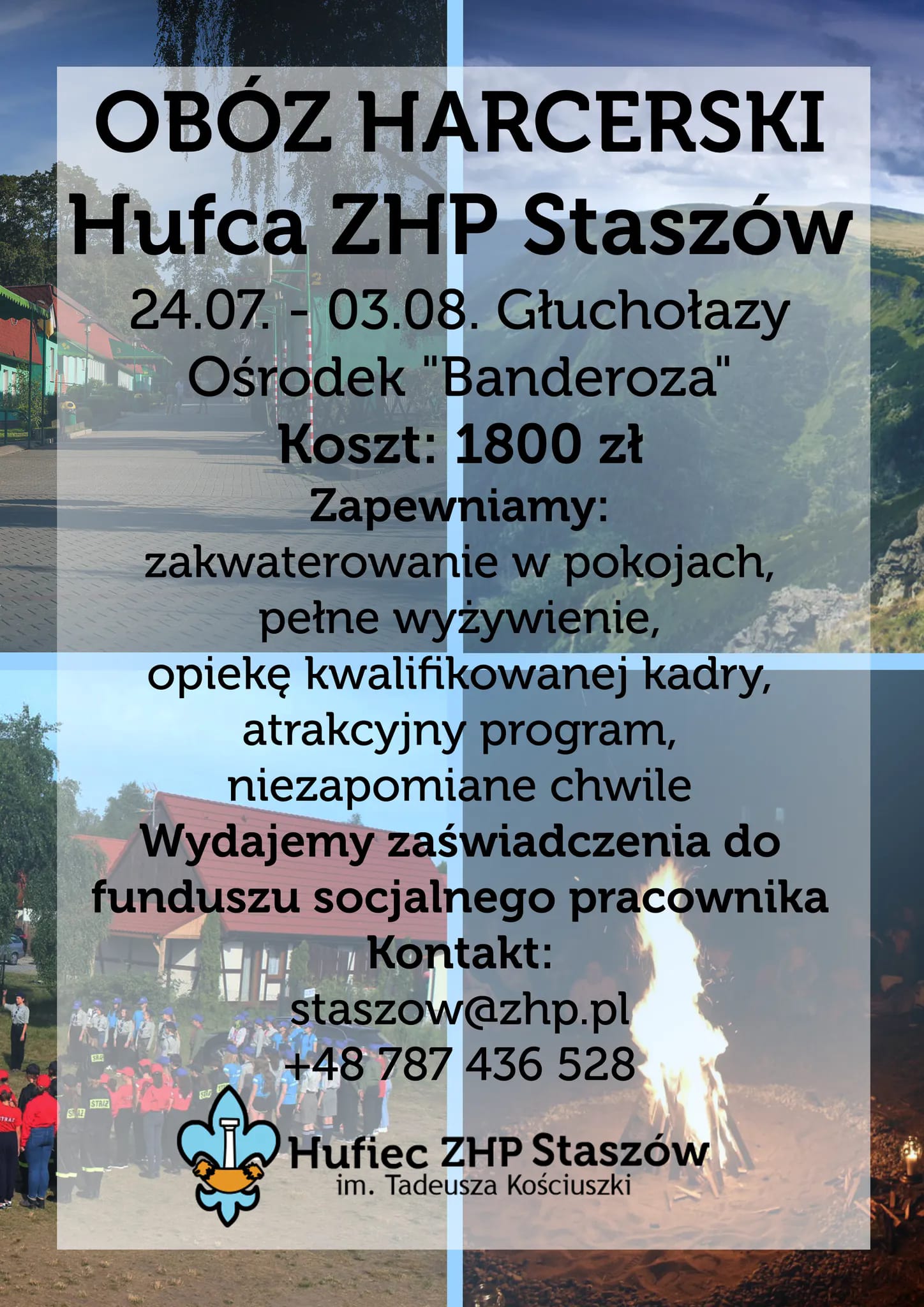 Plakat informacyjny: 24.07 – 03.08 Głuchołazy, Ośrodek „Banderoza”. Organizator zapewnia :  zakwaterowanie w pokojach, pełne wyżywienie, opiekę kwalifikowanej kadry, atrakcyjny program, niezapomniane chwile.