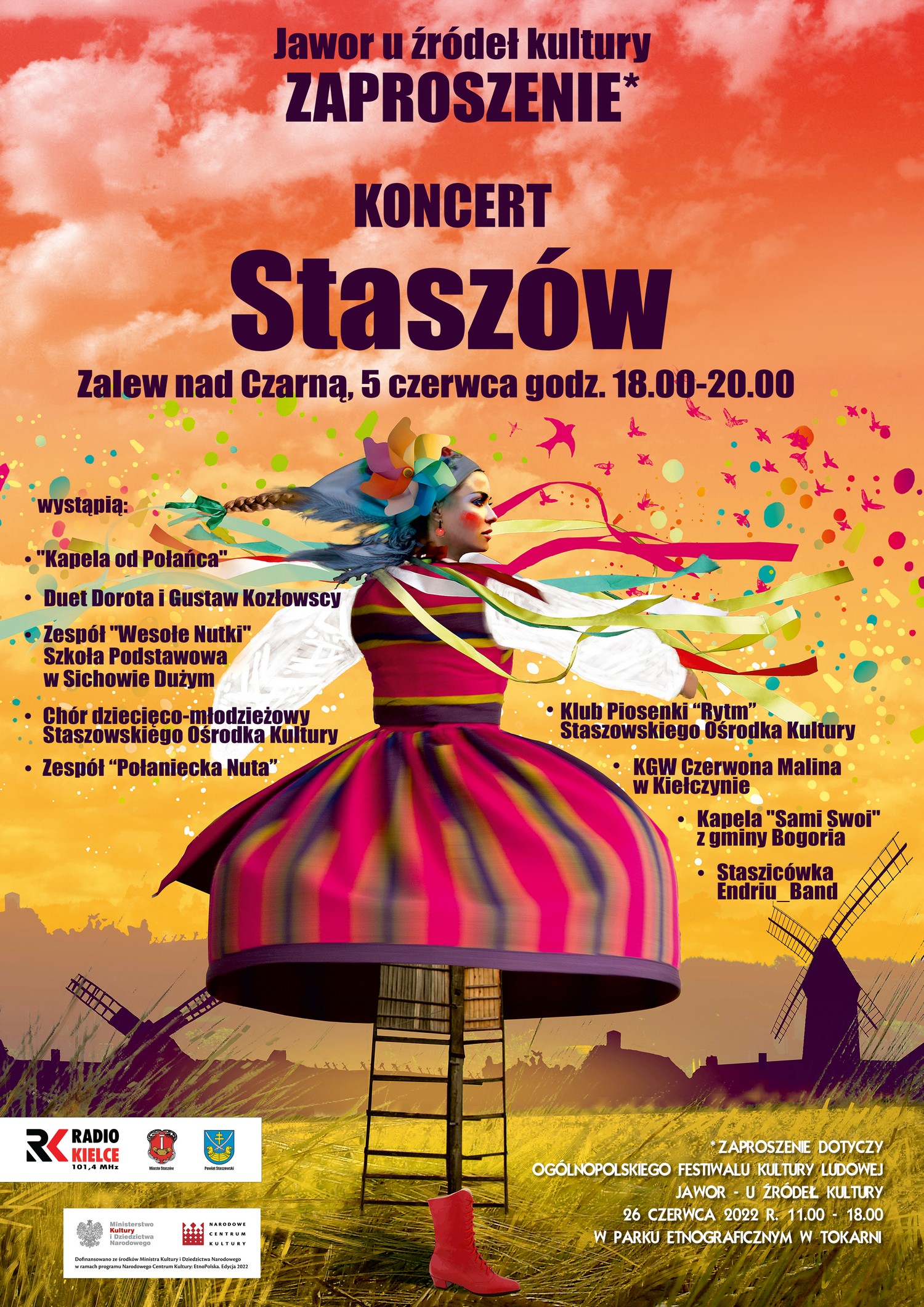 Plakat informacyjny: Jawor u źródeł kultury – koncert  5 czerwca, godz. 18.00-20.00, Zalew nad Czarną