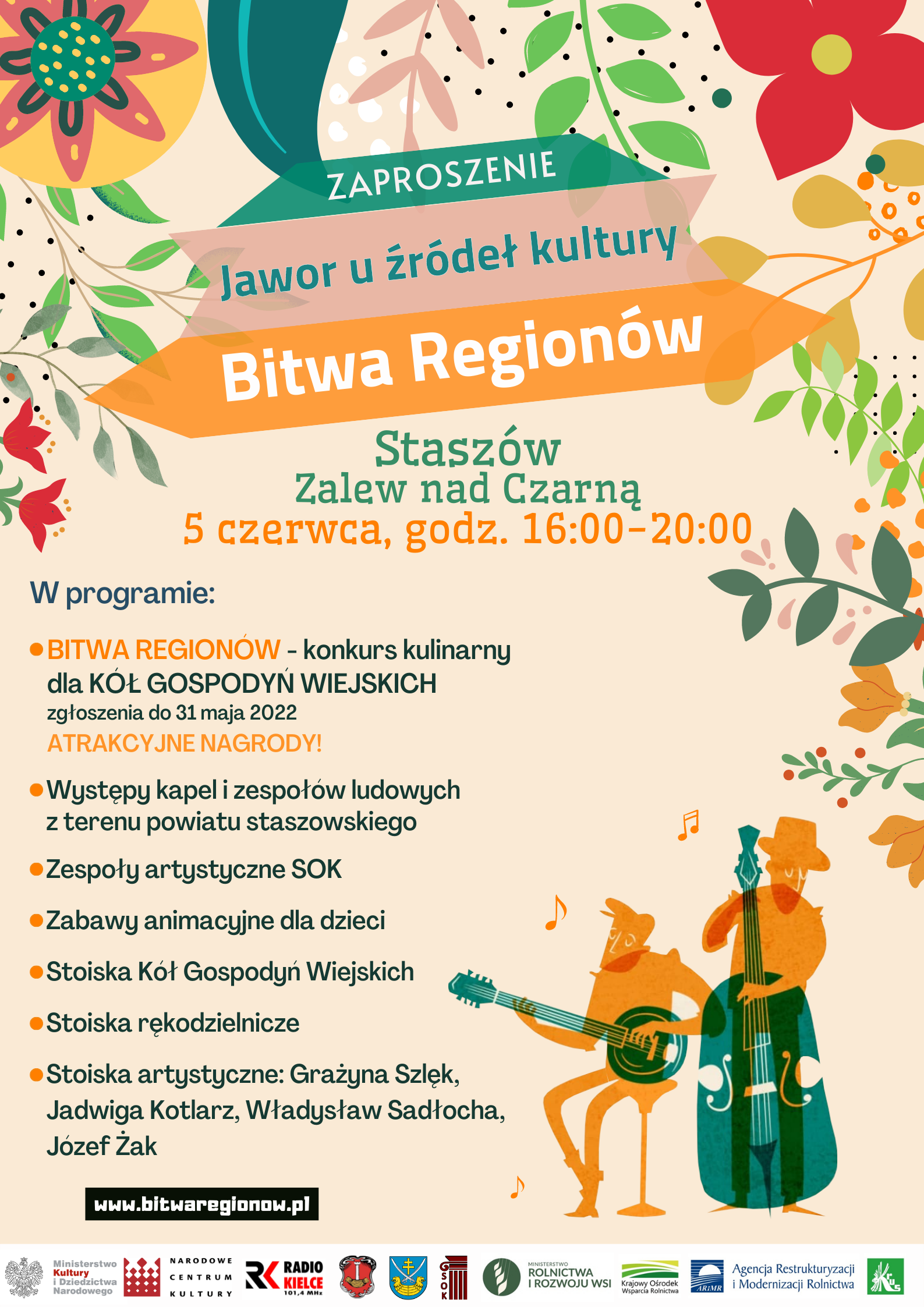 Plakat informacyjny: 5 czerwca, godz. 16:00-20:00, Zalew nad Czarną. W programie: Bitwa Regionów – konkurs kulinarny dla Kół Gospodyń Wiejskich, występy kapel i zespołów ludowych z terenu powiatu staszowskiego, zespoły artystyczne SOK, zabawy animacyjne dla dzieci, stoiska Kół Gospodyń Wiejskich oraz stoiska artystyczne: Grażyna Szlęk, Jadwiga Kotlarz, Władysław Sadłocha, Józef Żak.