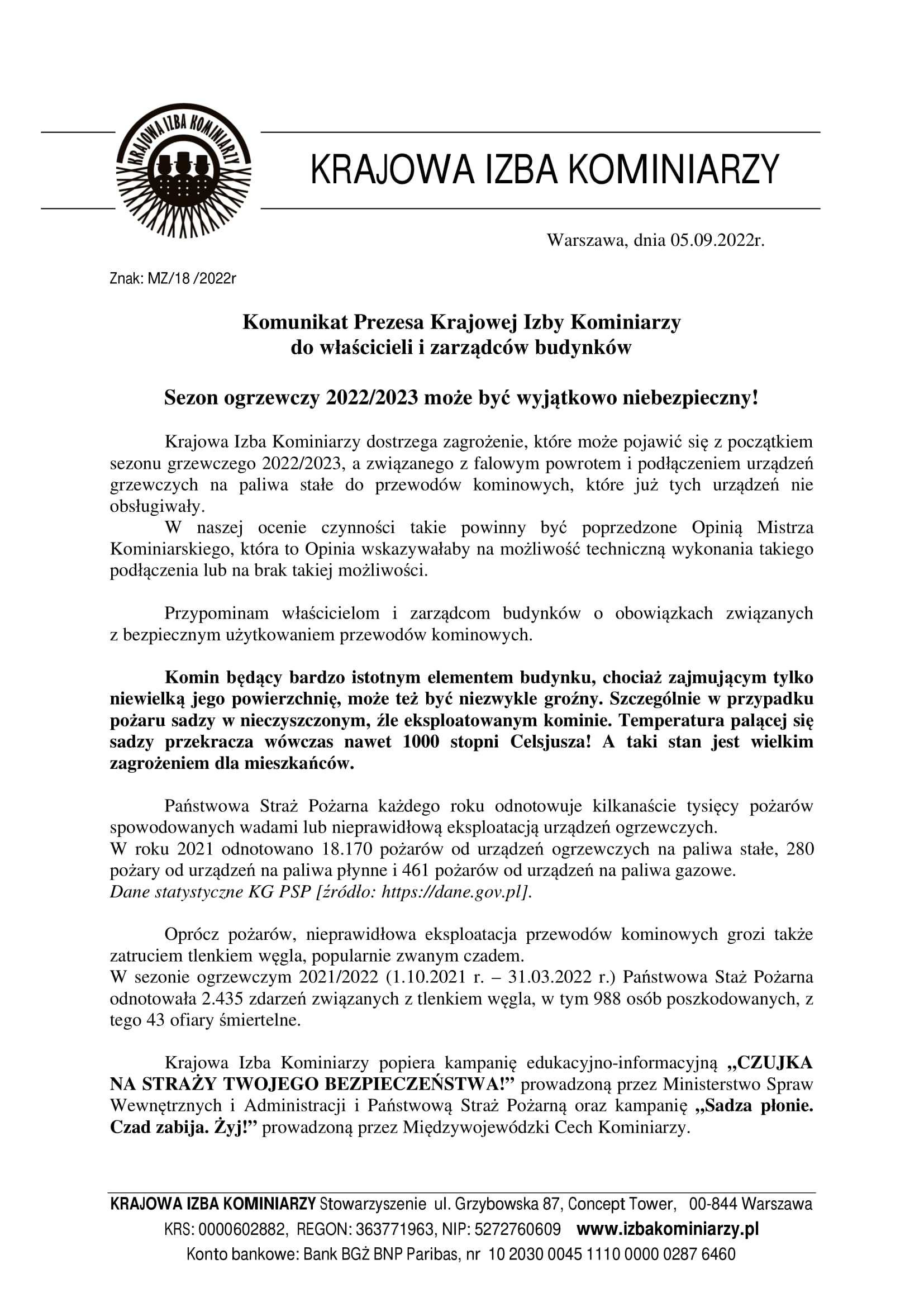 Komunikat Prezesa Krajowej Izby Kominiarzy do właścicieli i zarządców budynków w związku z rozpoczynającym się sezonem grzewczym 2022/2023.