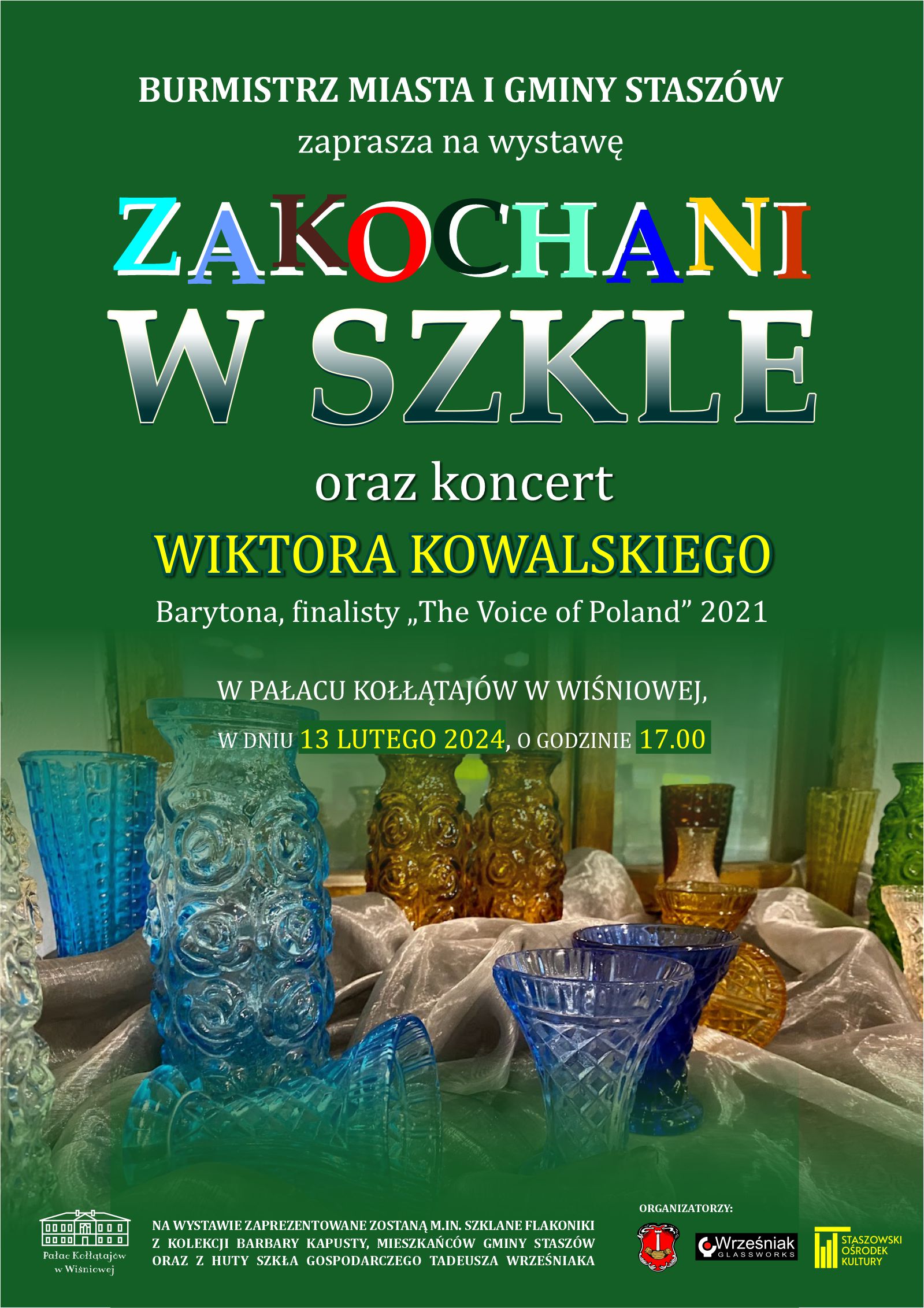 Plakat - zaproszenie na wystawę pod tytułem >>Zakochani  w Szkle<<